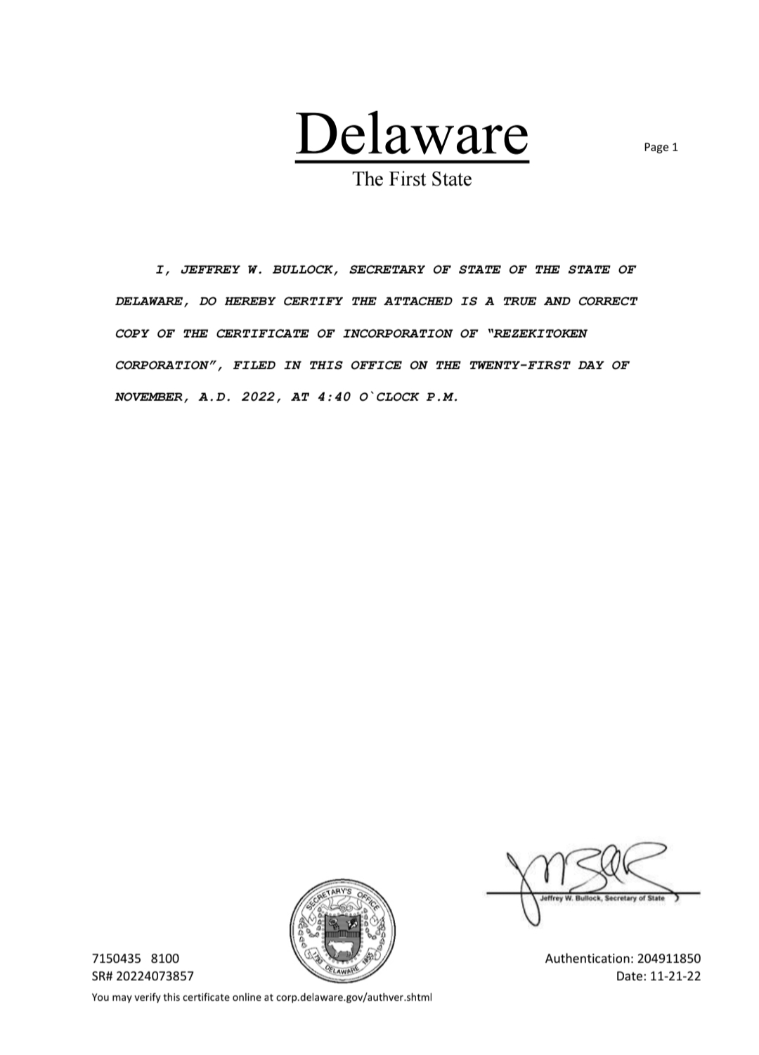 Watermarked reference preview of the certificate of incorporation for RezekiToken Corporation issued by the State of Delaware